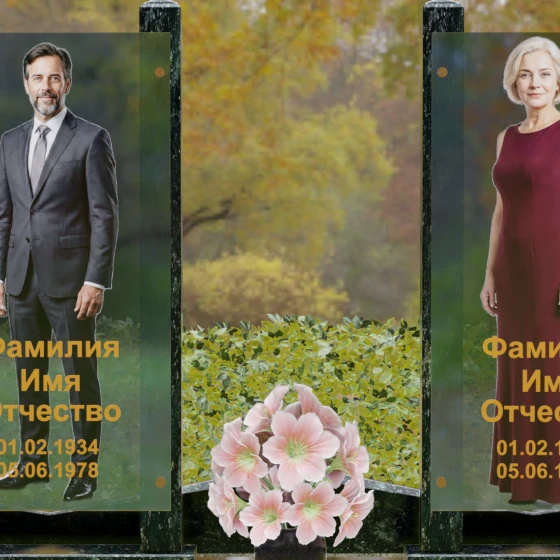 Вертикальный памятник из гранита со стеклянными панелями, гранит Балтик грин