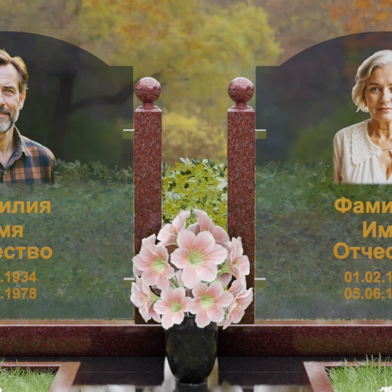 Горизонтальный памятник с арками и стеклом, гранит Лезниковский