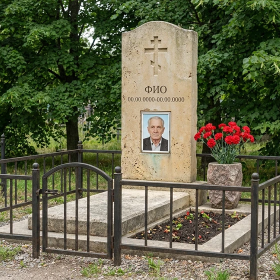 Памятник из светлого известняка в виде глыбы с крестом