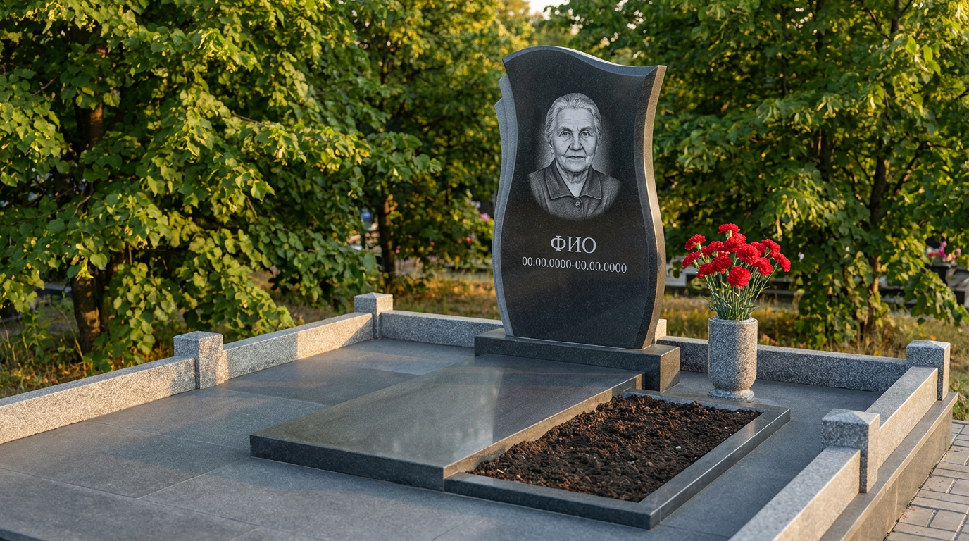 Пример дизайна: Памятник из тёмного базальта с арочным верхом