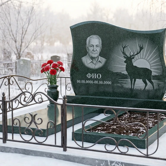 Гранитный памятник охотнику в форме арки с охотничьим трофеем