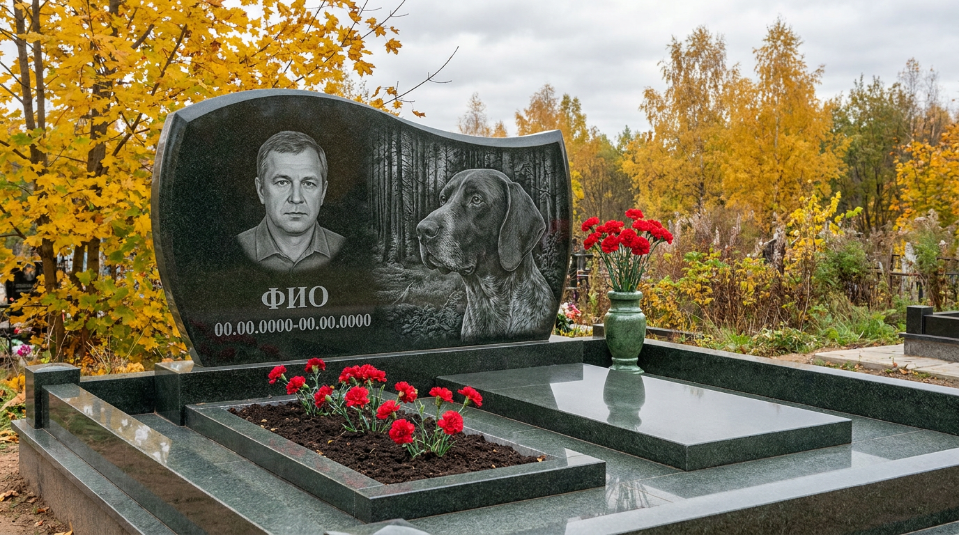 Пример дизайна: Гранитный памятник охотнику с арочным верхом с охотничьим рогом