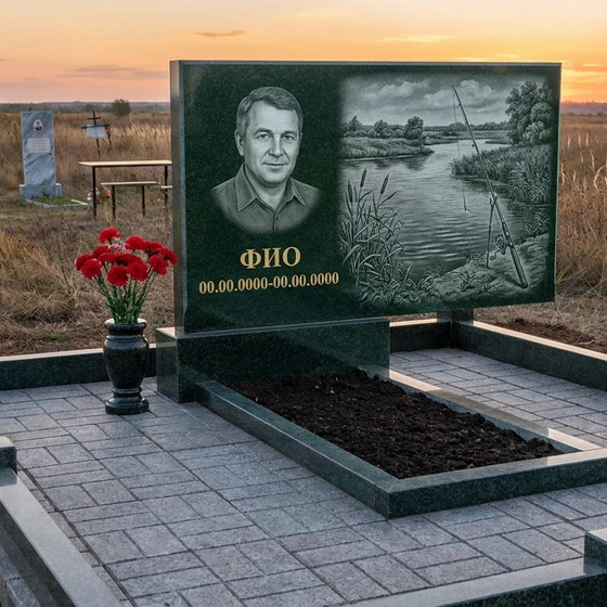 Гранитный памятник рыбаку в форме монолитной глыбы с удочкой и лодкой