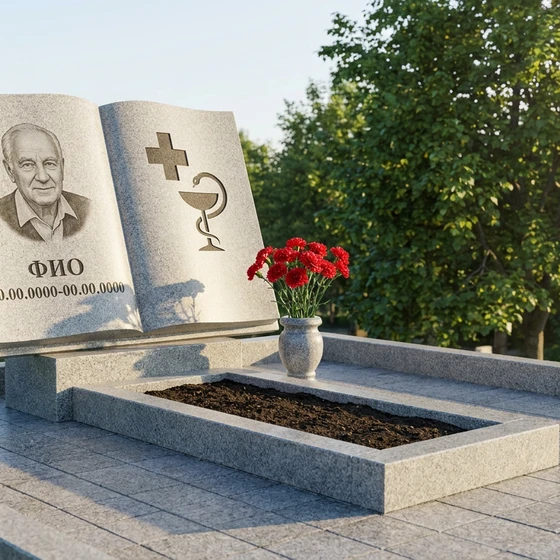 Гранитный памятник врачу в виде раскрытой книги с чашей и змеёй