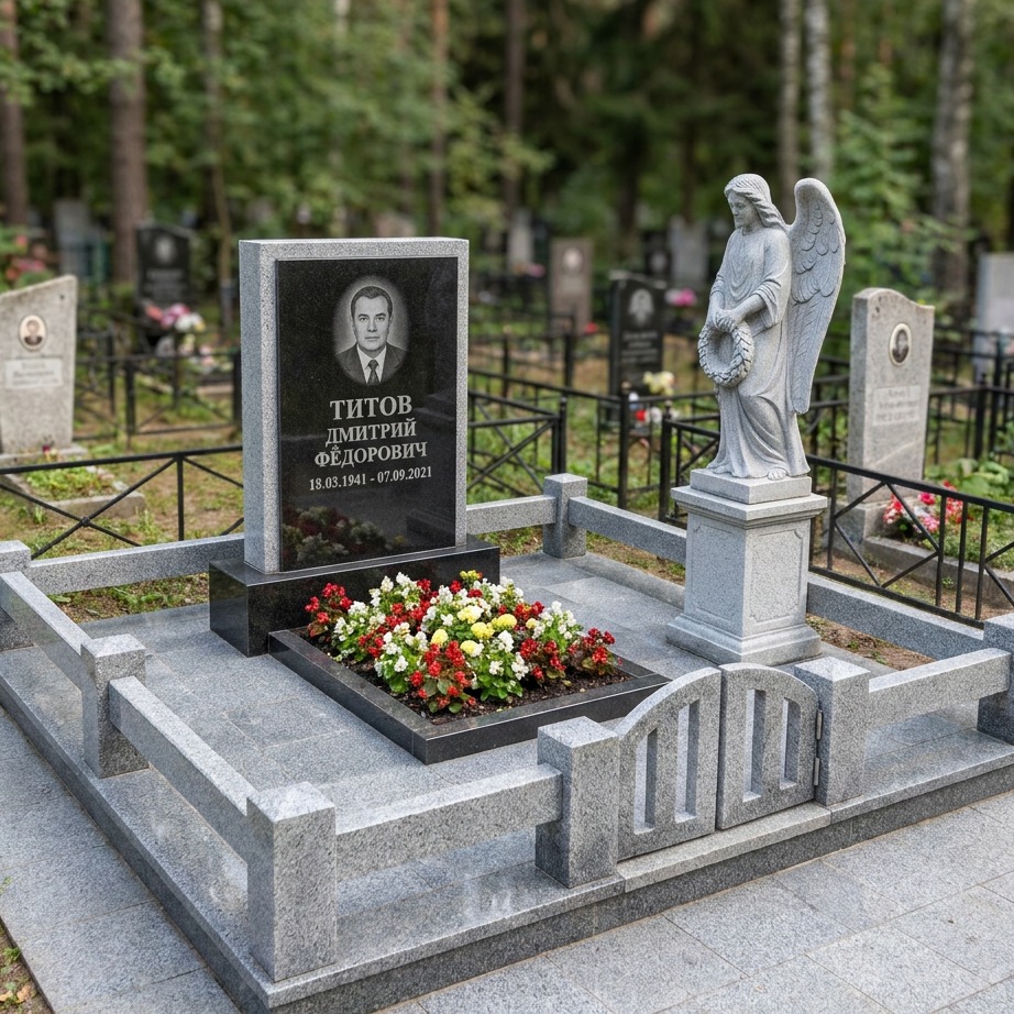 Пример дизайна: Памятник с ангелом из комбинированного гранита — фото и цена