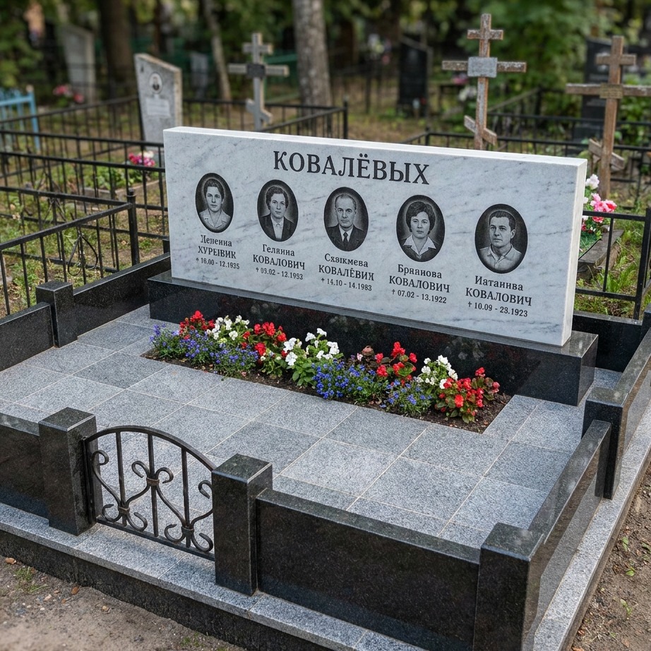Пример дизайна: Семейный памятник из белого мрамора на пять человек — фото и цена