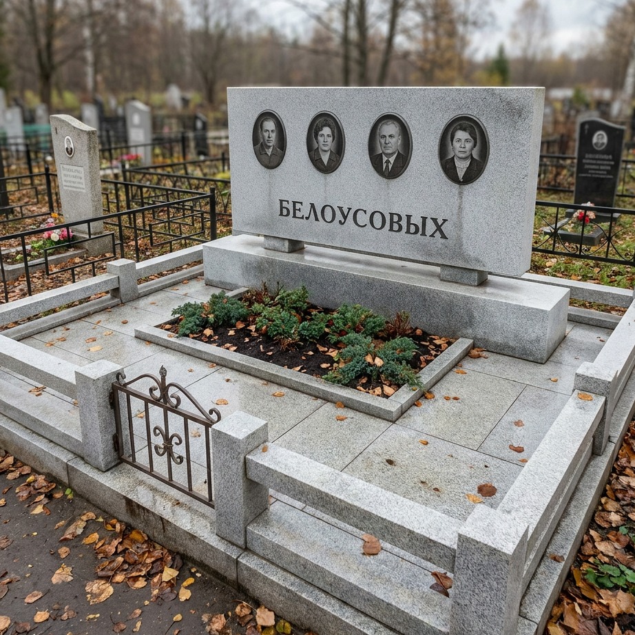 Пример дизайна: Семейный памятник на четверых из серого гранита — фото и цена