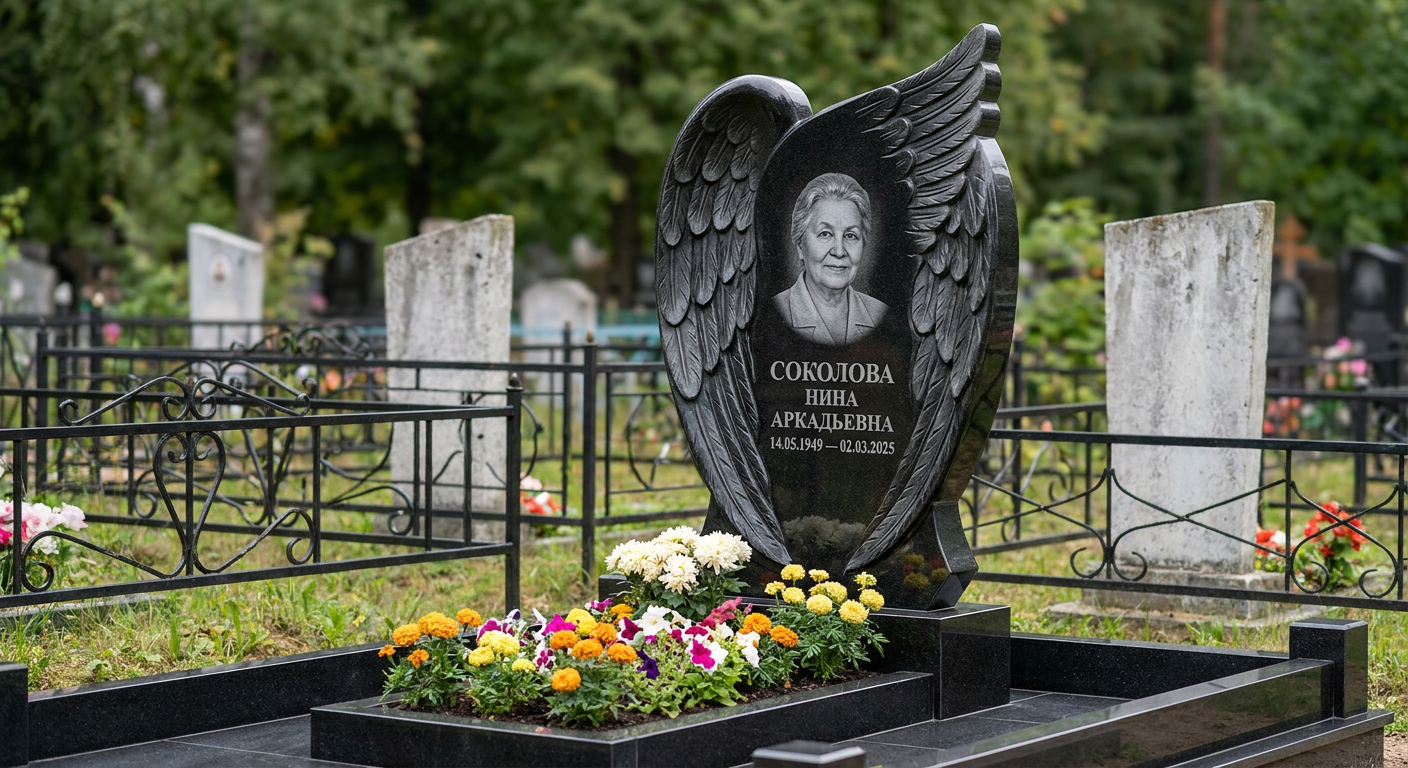 Пример дизайна: Мемориал с крылом ангела из черного габбро-диабаза
