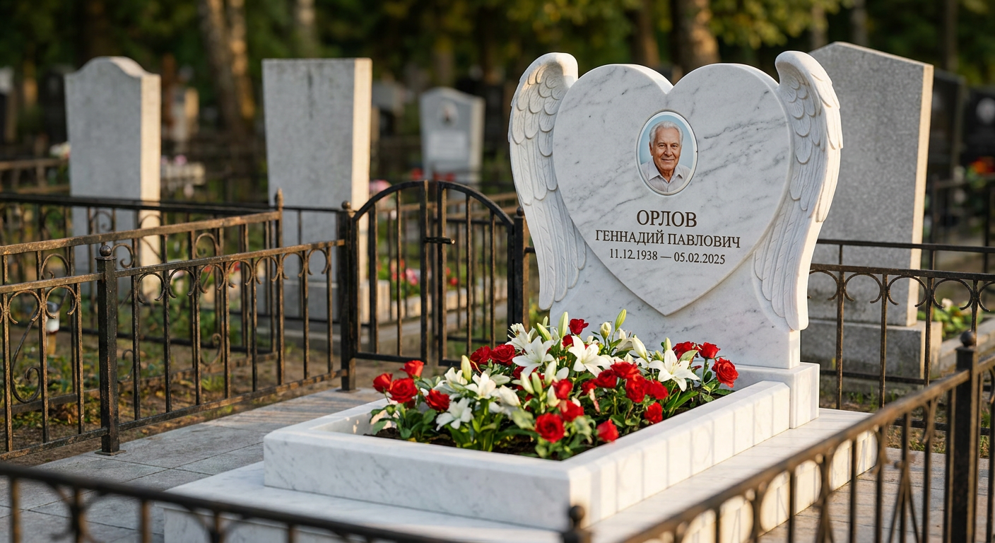 Пример дизайна: Мемориал с крыльями ангела из белого мрамора