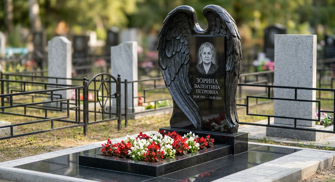 Пример дизайна: Мемориал с крылом ангела из черного габбро-диабаза с глубокой фрезеровкой