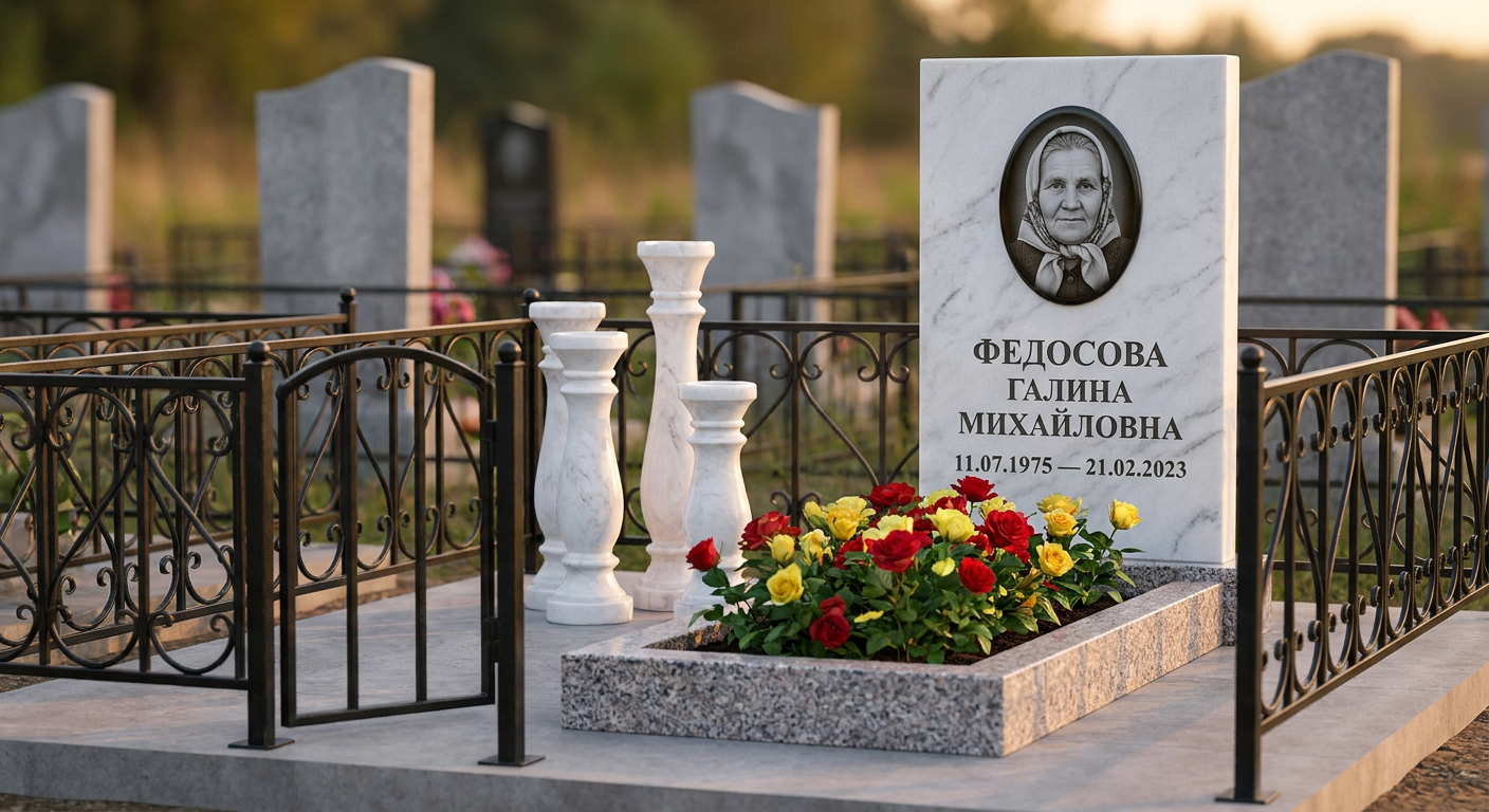 Пример дизайна: Мемориал с тремя свечами из белого мрамора с фотопортретом