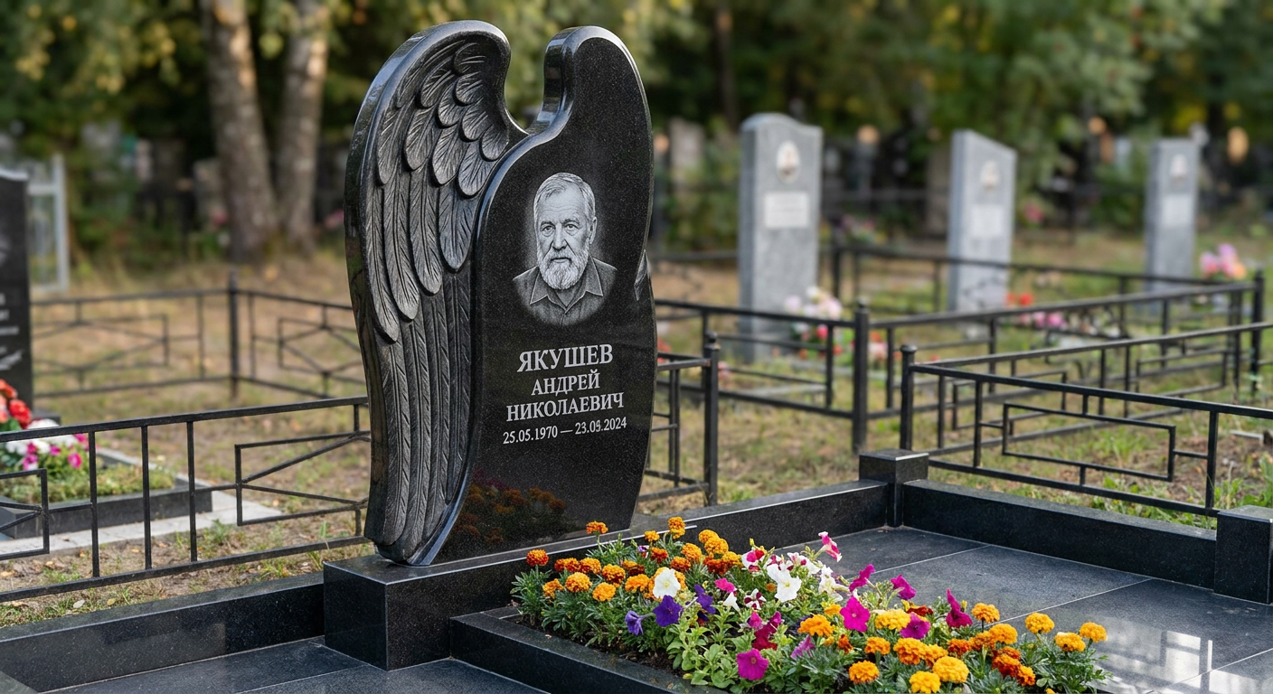 Пример дизайна: Гранитный памятник скала, гравировка военного, с оградой — фото и цена