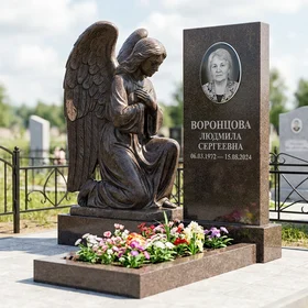 Гранитный памятник фигурный с крестом, облицовкой и оградой