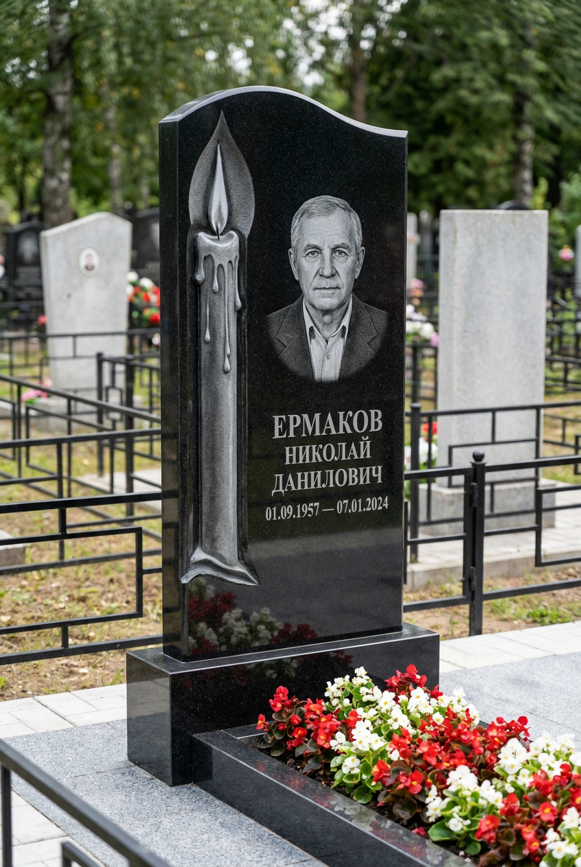 Пример дизайна: Памятник с пламенем свечи из черного габбро-диабаза