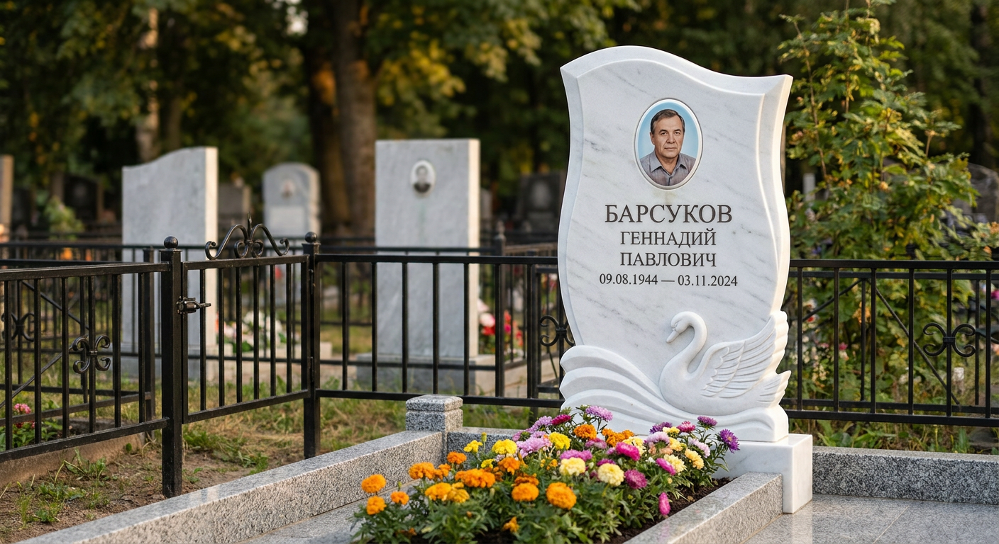 Пример дизайна: памятник с лебедем из белого мрамора с фотопортретом