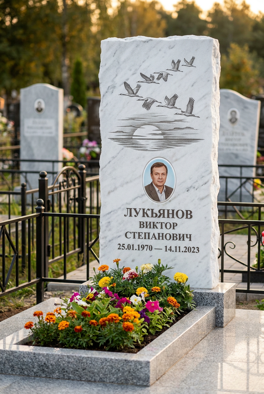 Пример дизайна: мраморный памятник с журавлями и портретом для отца
