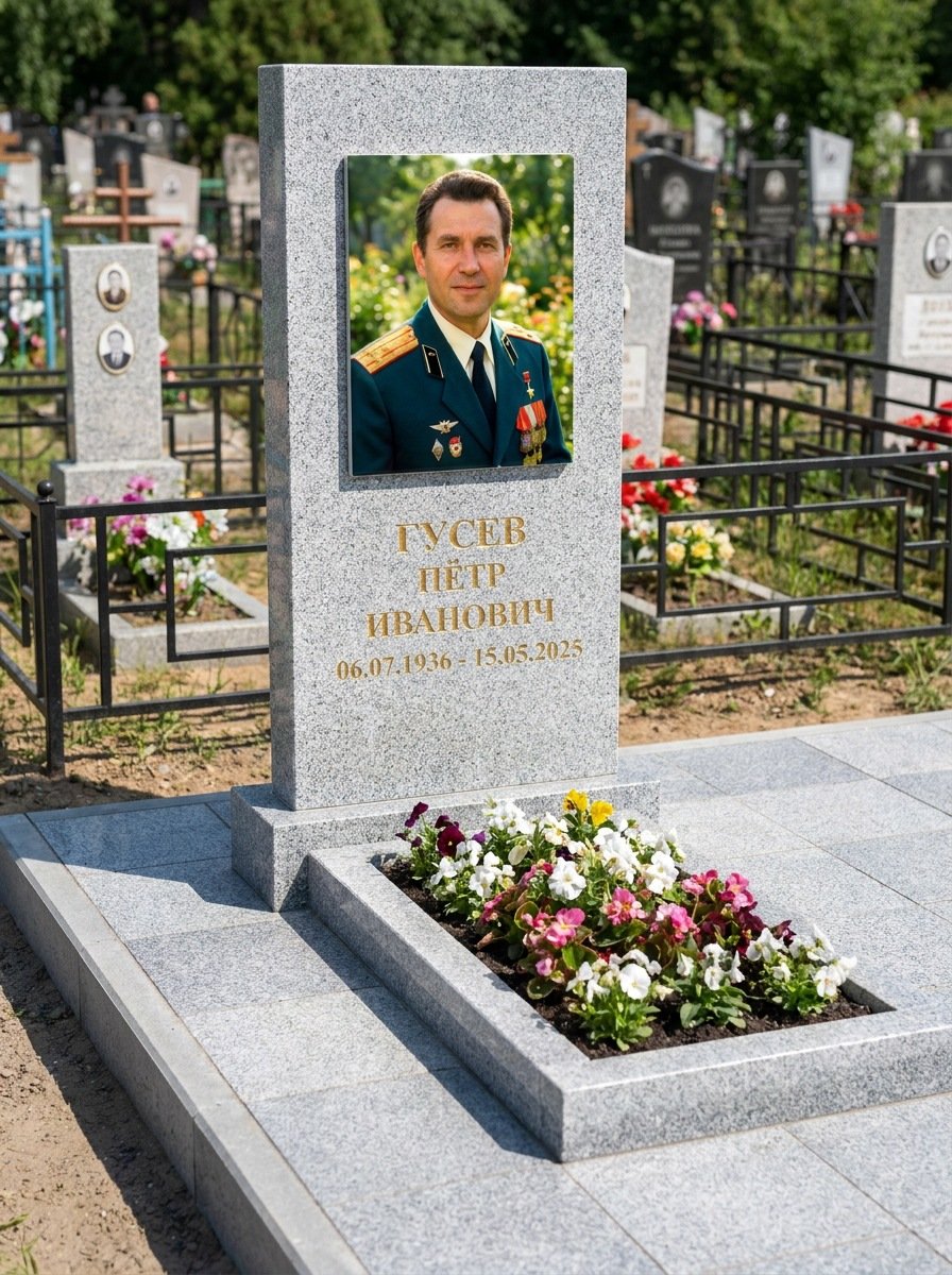 Портрет на памятнике в Новосибирске — Прямоугольник на гранитной стеле, ФИО и даты на портрете